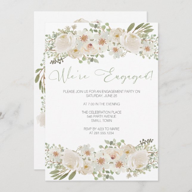 White Wedding Floral Engagement Party Invitation (Front/Back)
