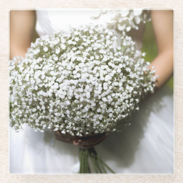 White Wedding Flower Bouquet Glass Coaster (Front)