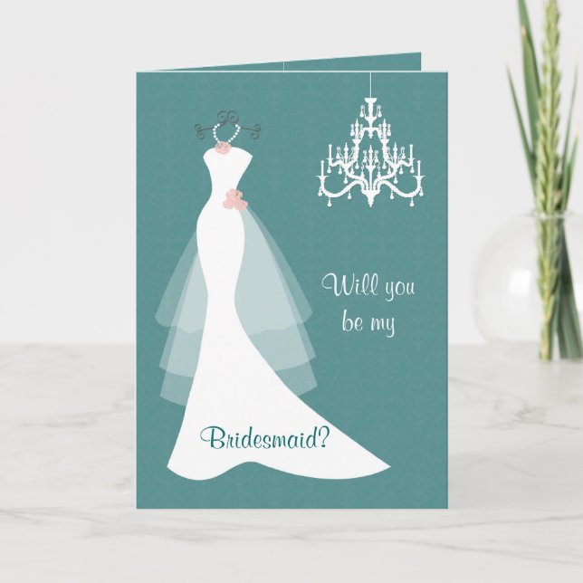 White wedding gown chandelier on teal  Bridesmaid Invitation (Front)