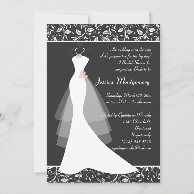 White wedding gown on black Bridal Shower Invite (Front)
