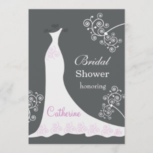 White wedding gown, swirls on black Bridal Shower Invitation