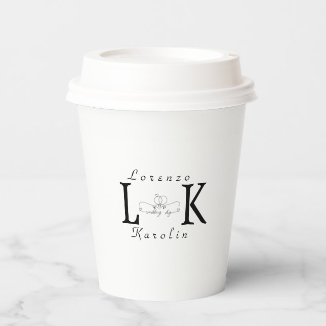White Wedding Monogram Simple Elegant Minimalist  Paper Cups (Front)