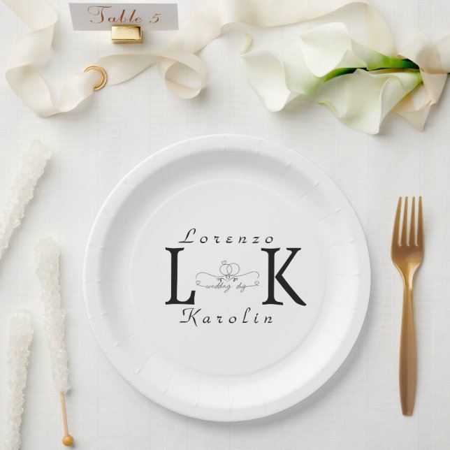 White Wedding Monogram Simple Elegant Minimalist  Paper Plate (Wedding)