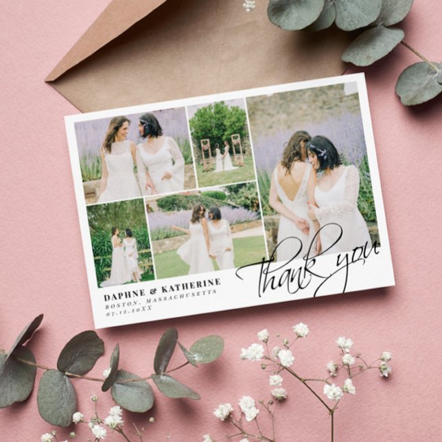 White Wedding Photo Collage Script Thank You Card (Creator Uploaded)