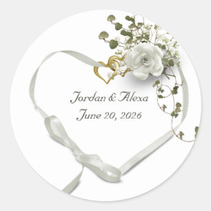 white wedding ribbon heart with rings classic round sticker