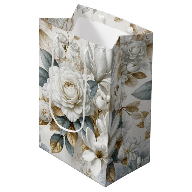 White Wedding Rose Design Medium Gift Bag (Front Angled)