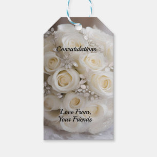 White Wedding Rose Topiary Ball With Sparkle,  Gift Tags
