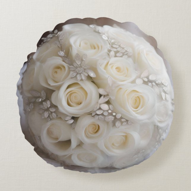 White Wedding Rose Topiary Ball With Sparkle,  Round Pillow (Front)