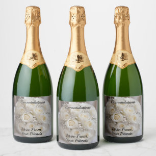 White Wedding Rose Topiary Ball With Sparkle, Sparkling Wine Label