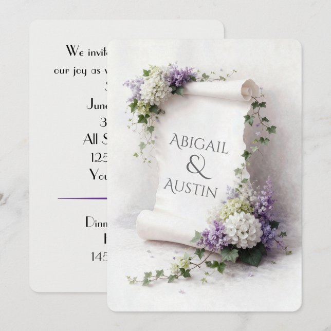 White Wedding Scroll with Floral Border  Invitation (Front/Back)