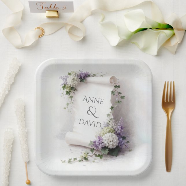 White Wedding Scroll with Floral Border  Paper Plate (Wedding)