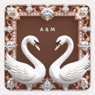 White Wedding Swans Diamond Heart Ornate Romantic Square Sticker