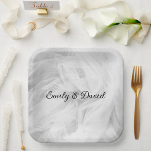 White Wedding Tulle with Names Paper Plate