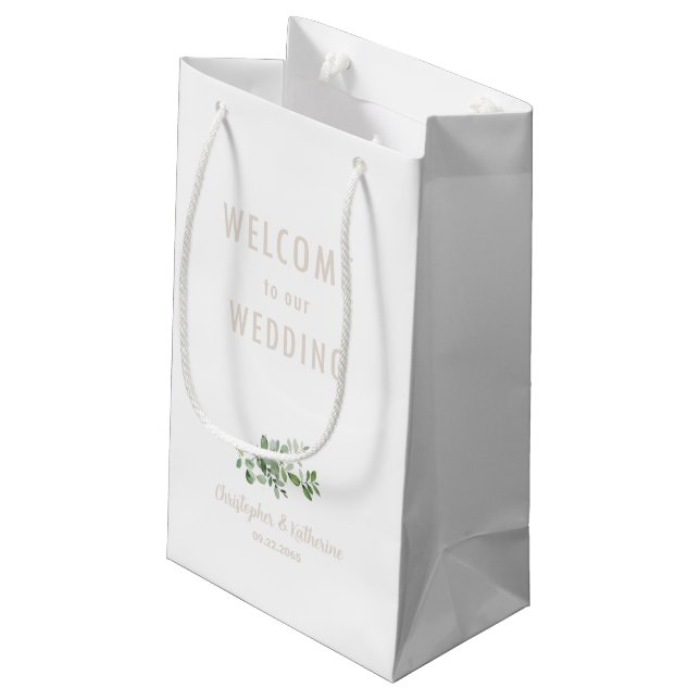 White Wedding Welcome Favour Beige Text Small Gift Bag (Back Angled)