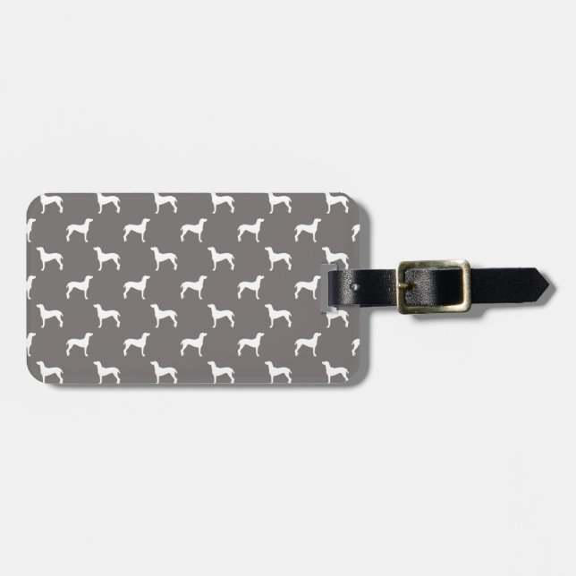 White Weimaraner Silhouettes On Grey Luggage Tag (Front Horizontal)