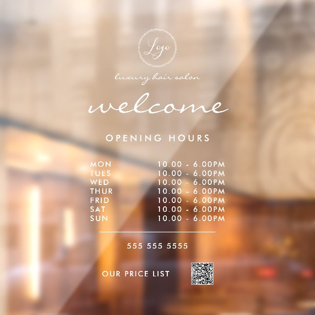 White Welcome Opening Hours Logo QR Code Window Cling (Sheet 2)