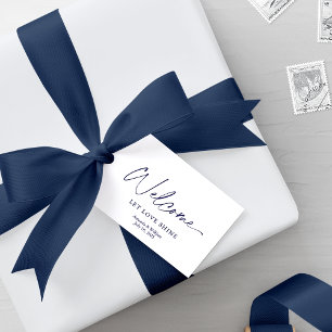 White Welcome Tag with Dusty Blue Florals
