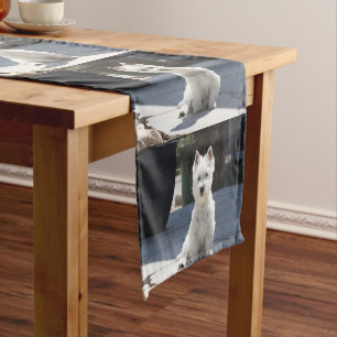 White West Highland Terrier Sitting on Sidewalk Short Table Runner