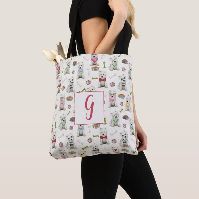 White Westies with Accessories Monogram Tote Bag (Close Up)