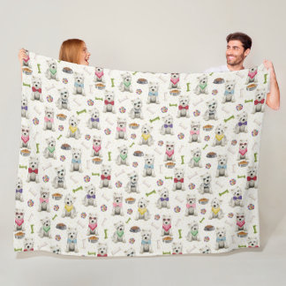 White Westies with Accessories Whimsical Fleece Blanket