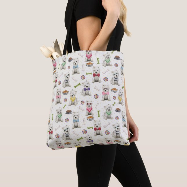 White Westies with Accessories Whimsical  Tote Bag (Close Up)