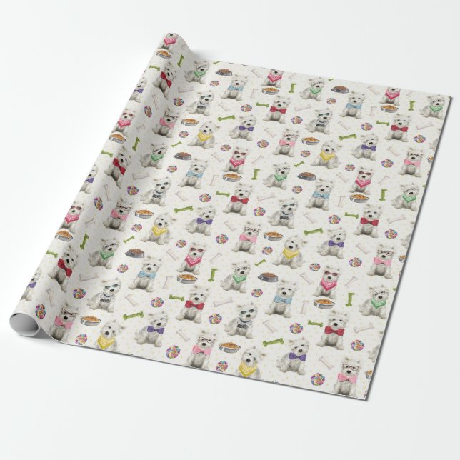 White Westies with Accessories Whimsical Wrapping Paper (Unrolled)
