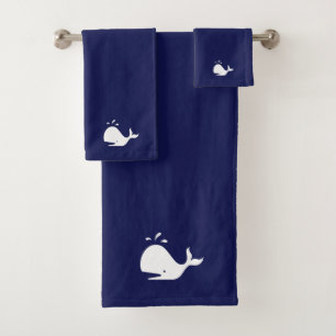 White Whale Fish on Navy Blue Bath Towel Set