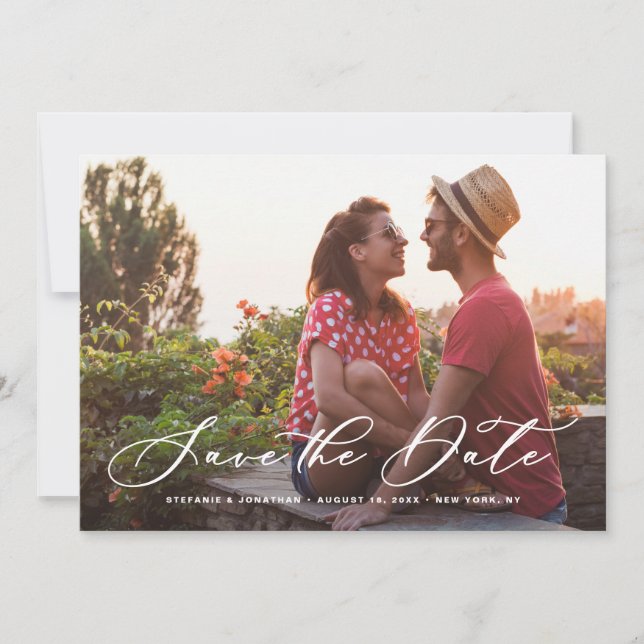 White Whimsical Calligraphy Overlay Photo Save The Date (Front)