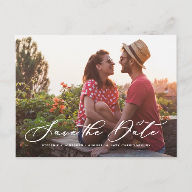 White Whimsical Calligraphy Photo Save the Date Announcement Postcard (Front)