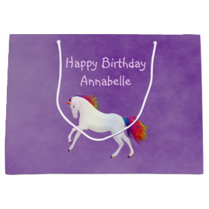 White Whimsical Unicorn Rainbow Colors on Purple Large Gift Bag
