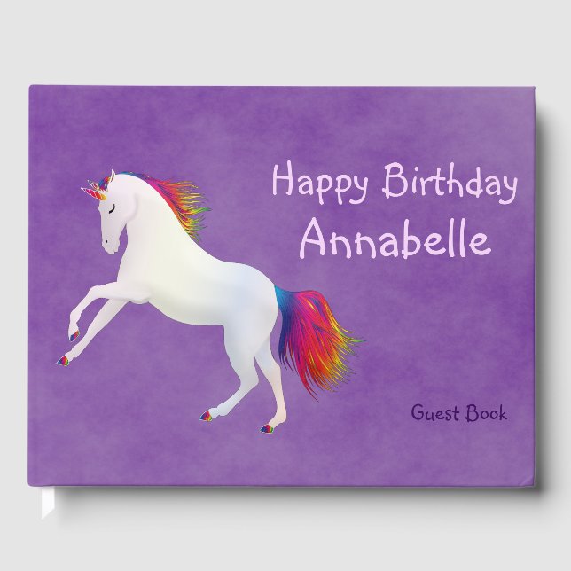 White Whimsical Unicorn Rainbow Colours on Purple Guest Book (Front)