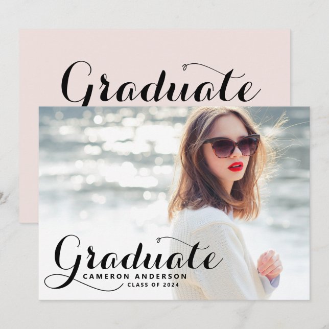 White Whimsicla Script Photo Graduation Party Invitation (Front/Back)