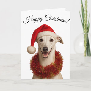 White whippet in Santa hat Christmas Holiday card
