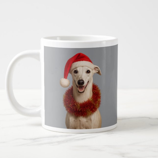 White whippet in Santa hat Christmas  Large Coffee Mug (Left)