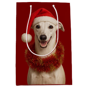 White whippet in Santa hat Christmas Medium Gift Bag