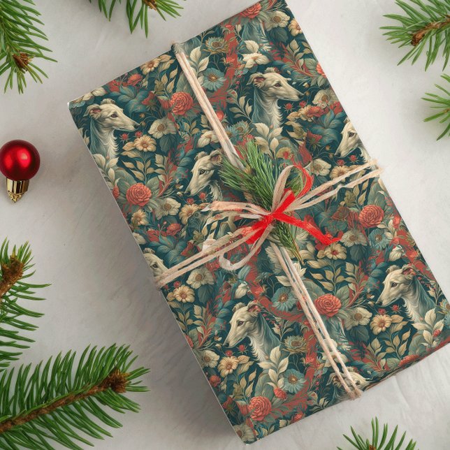 White Whippet or Iggie William Morris Style Floral Wrapping Paper (Creator Uploaded)
