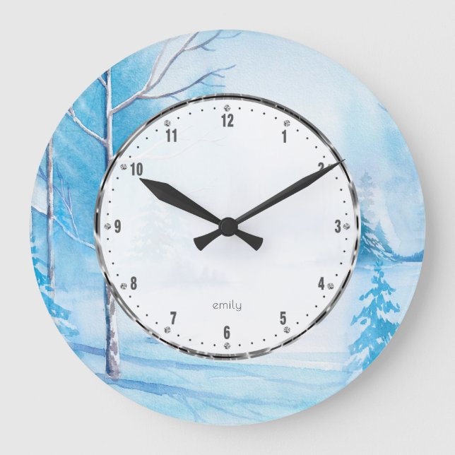 White Whiter Landscape Watercolors Illustration Large Clock (Front)