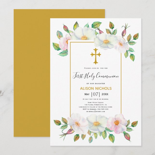 White wild dog rose gold floral First Communion I Invitation (Front/Back)