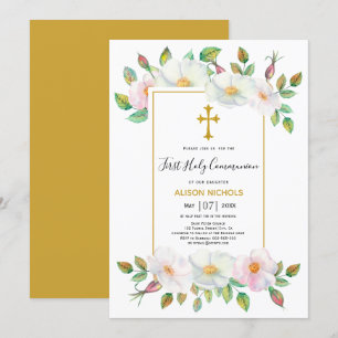 White wild dog rose gold floral First Communion I Invitation