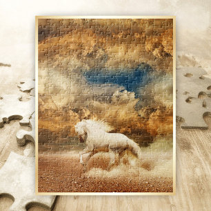 White Wild Horse Galloping in Desert, Stormy Sky - Jigsaw Puzzle