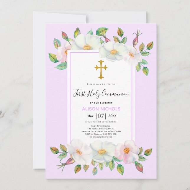 White wild rose floral lavender First Communion  Invitation (Front)