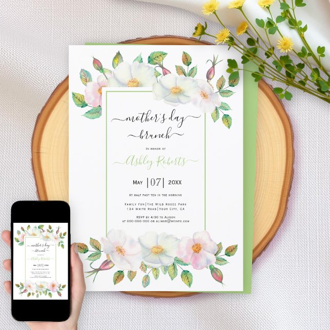 White wild rose green floral mothers day brunch invitation (Creator Uploaded)