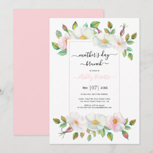 White wild rose pink floral mothers day brunch  invitation