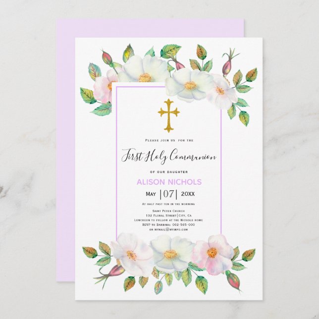 White wild roses lavender floral First Communion Invitation (Front/Back)