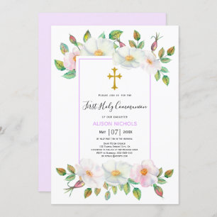 White wild roses lavender floral First Communion Invitation