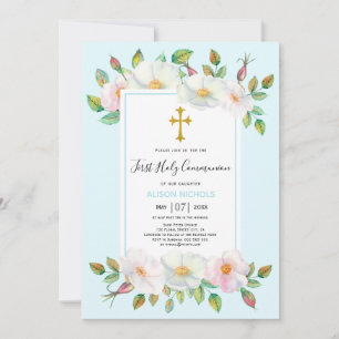 White wild roses pale blue floral First Communion  Invitation