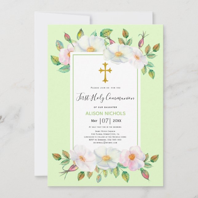 White wild roses pale green floral First Communion Invitation (Front)