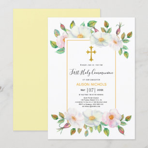 White wild roses yellow floral First Communion  Invitation