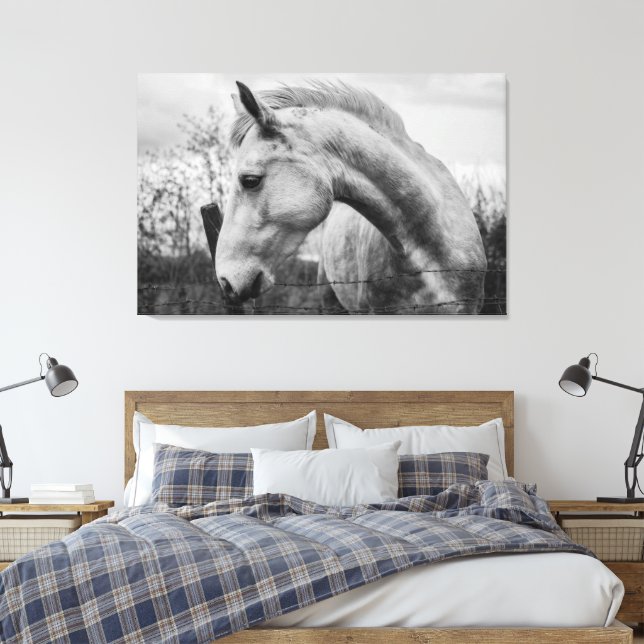 White Wild Spirited Horse Black and White Canvas Print (Insitu(Bedroom))