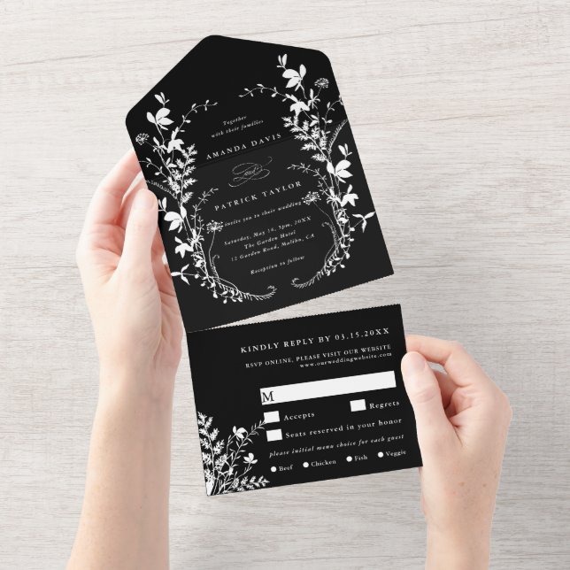 White Wildflower Silhouette Wreath Wedding Black All In One Invitation (Tearaway)